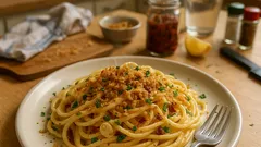 Espaguetis a la guillotina: ajo, chile y jitomate seco con toque crujiente