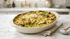 Pasta al horno con pesto cremoso de calabacita: gratinada, doradita y rendidora