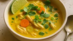 Sopa cremosa de pollo con verduras, jengibre y cúrcuma (en una sola olla)