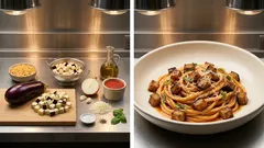 Macarrones con berenjena en salsa de tomate: jugosos y con queso al final