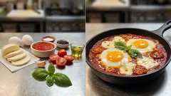 Huevos a la pizzaiola en una sola sartén: salsa de jitomate, albahaca y queso derretido